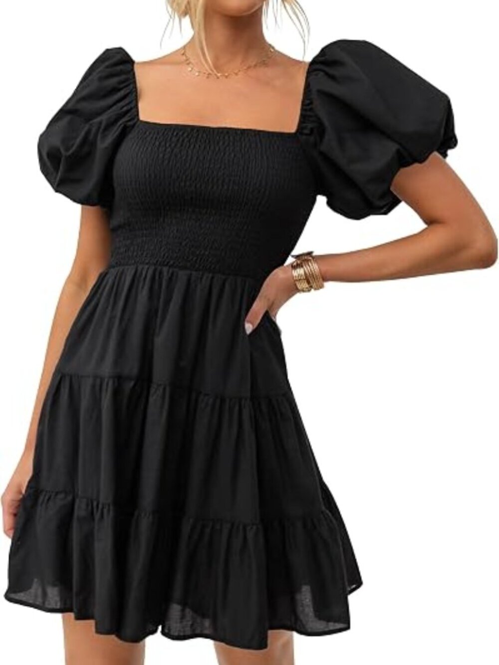 Womens Boho Square Neck Puff Sleeve Smocked Tiered A Line Mini Dress